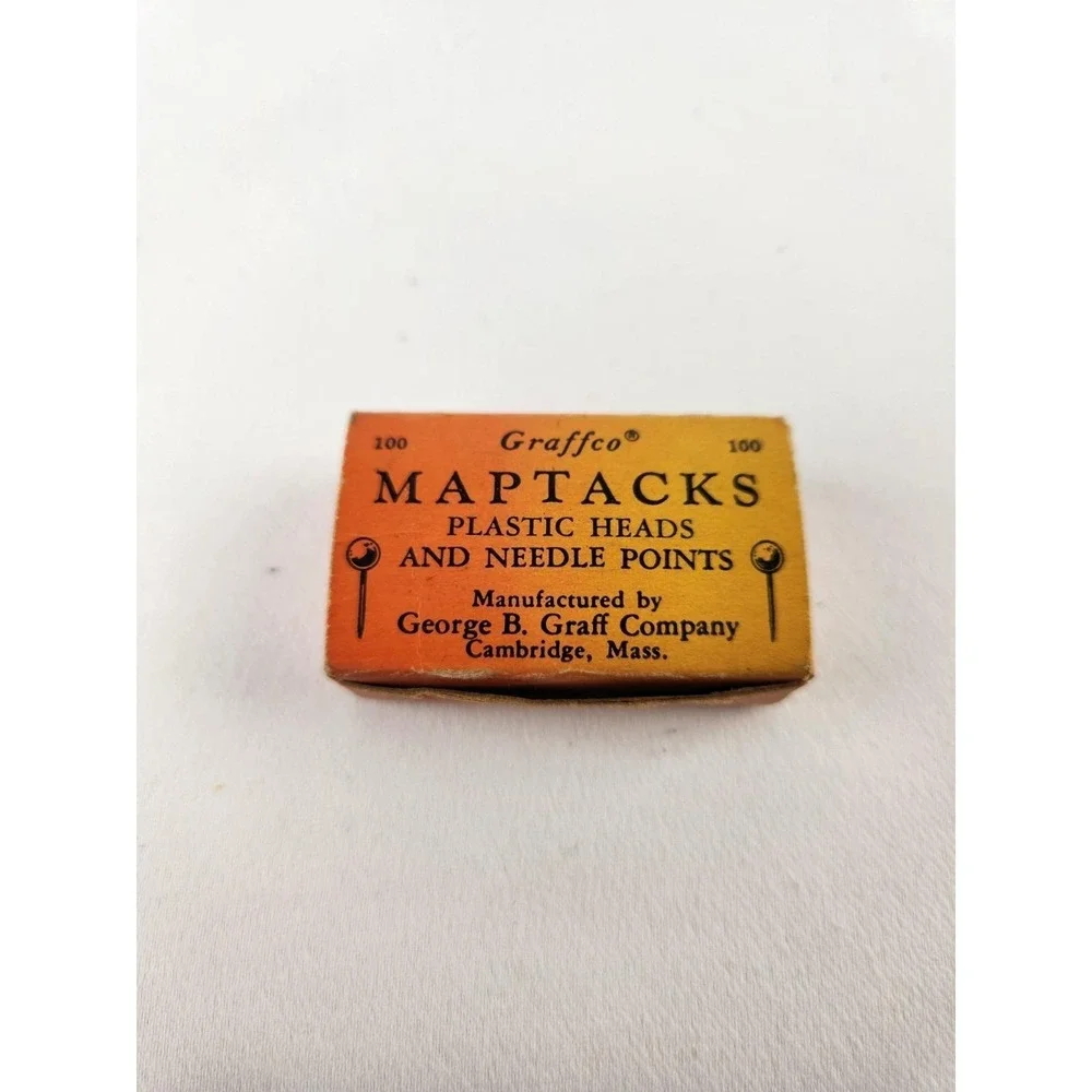 Vintage Graffco Map Tacks Box Plastic Heads Yellow Colors Somerville MA 1950s